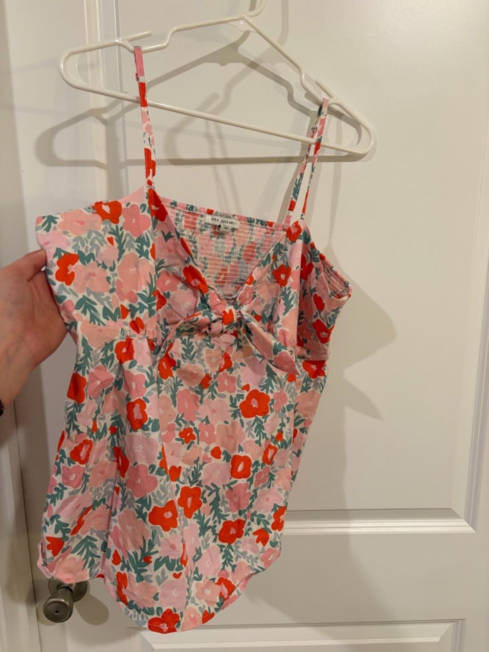 Free Assembly Floral Smocked Tank Top Pink Red Bow Front XL